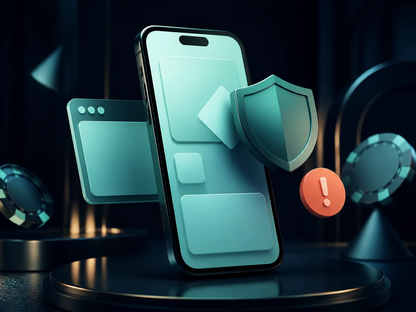 Abstraktes Smartphone mit Sicherheitsschild und Warnmarke