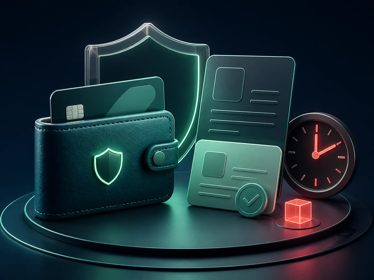 Sicheres Wallet mit Prüfunterlagen und Uhr